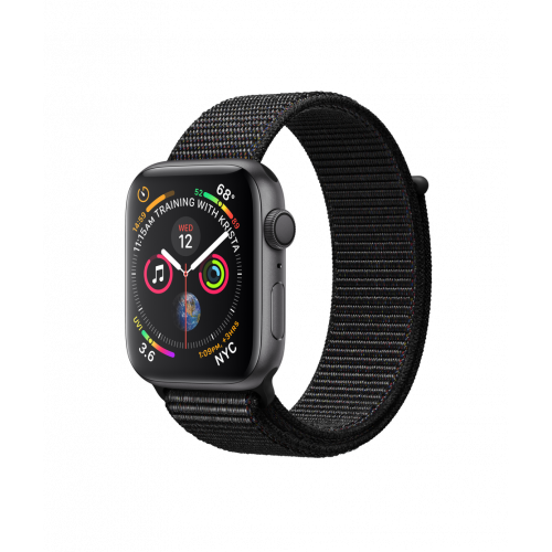 Apple Watch Series 4 GPS se 44mm pouzdrem z vesmírně šedého hliníku a černým provlékacím sportovním řemínkem